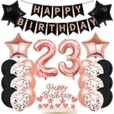 23th Birthday decorations Rose Gold and Black, Happy Birthday banner latex confetti stars aluminum foil balloons Number 23 balloons decoration Set Rose Gold cake topper boys and girls party supplies