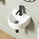 Wall Hung Bathroom Vessel Sink, QISHKA 12.5" X 11.5" Semi-Oval Floating Ceramic Wash Hand Basin White Wall Mount Vanity Sink 