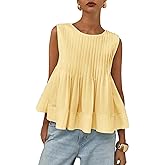 WOWULOVELY Womens Summer Pleated Peplum Sleeveless Blouse Tank Tops Crew Neck Babydoll Blouse Y2K Round Shirt 2025