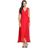London Times Womens Soft and Flowy Feminine Ruffle Hi-Low Faux Wrap Maxi Dress,