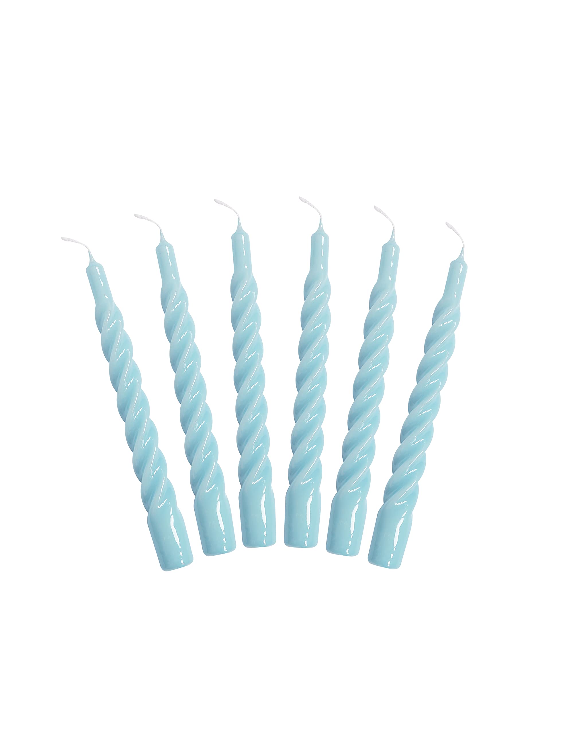 Candles with a Twist®, Made in Italy, 25 Colours Available, Dinner Candles, Twisted Candles Long Burning 5 Hours, Tapered Candles, Lacquered, Unscented Candle Gift Set, 6 pcs. 2.2 x 21cm (Light Blue)