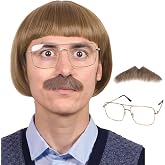 FantaLook Short Straight 60 70s Bowl Cut Funny Wig with Glasses and Mustache for Men Crazy Mushroom Cosplay Wig for Halloween (Light Brown)