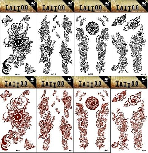 8pcs different long lasting and realistic temp tattoo stickers designs in 1 package, it including black and brown Indiana tribal flower tattoo stickers for women