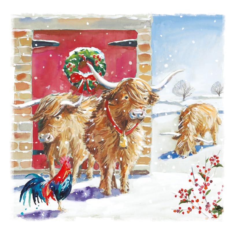 Festive Animal Themed Art Charity Christmas And New Year Cards - Pack of 6 Xmas Cards (Highland Cattle In Snow)