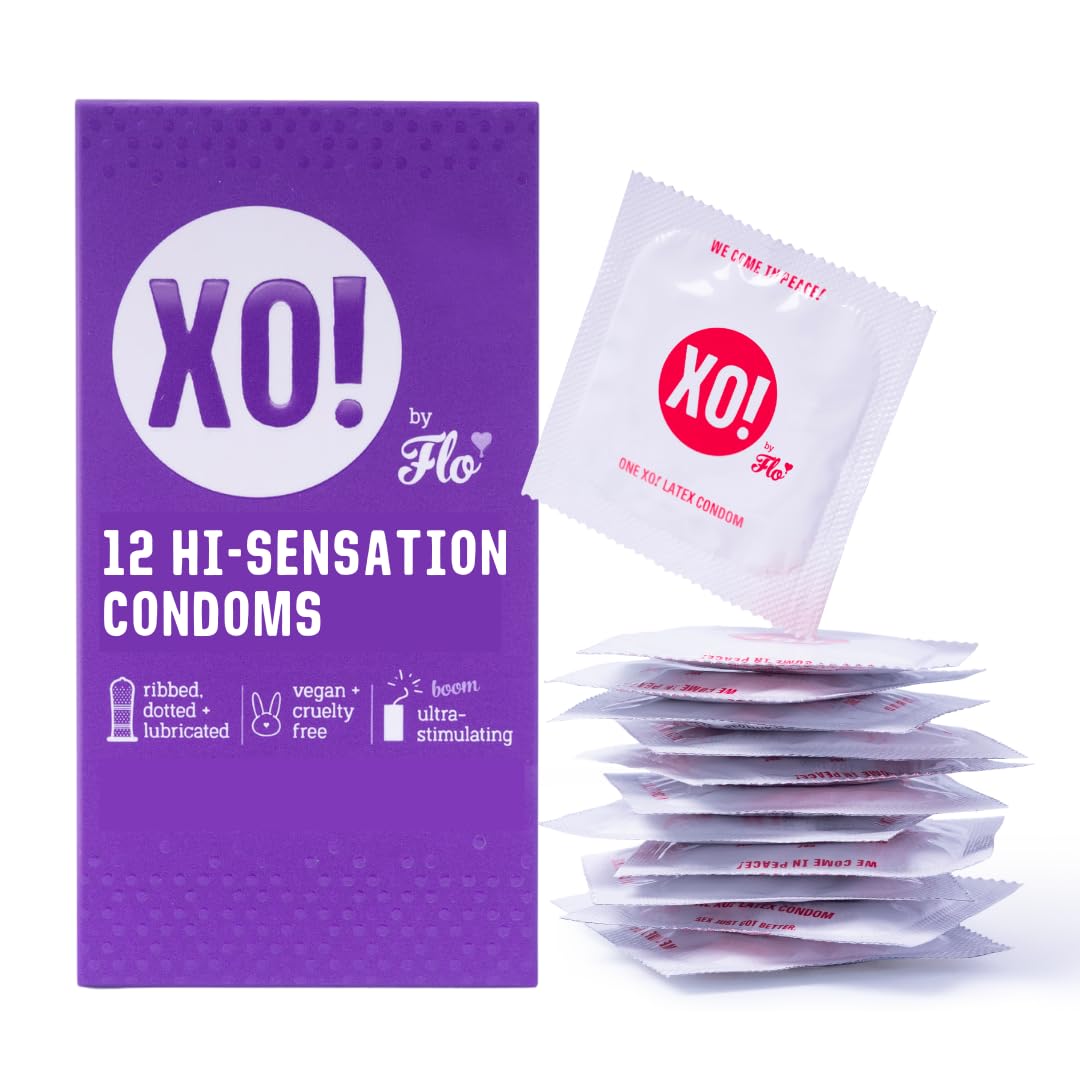 XO Hi-Sensation Condoms Ribbed and Dotted, Natural Rubber Latex, Unscented (Pack of 12)
