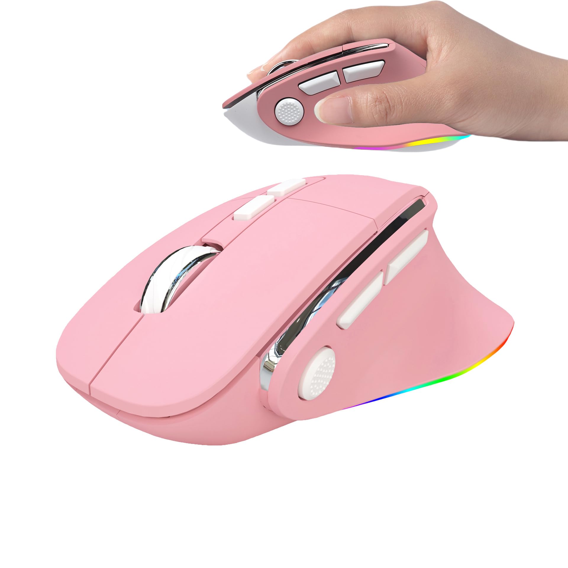 Photo 1 of Ergonomic Mouse Dual Mode(Bluetooth+USB)Pink Rechargeable Vertical Carpal Tunnel Cordless Bluetooth Mice for PC/Laptop/Computer/Tablet/ipad/Macbook Air/Pro Office Work Women Girl Gift,Double Click Key
