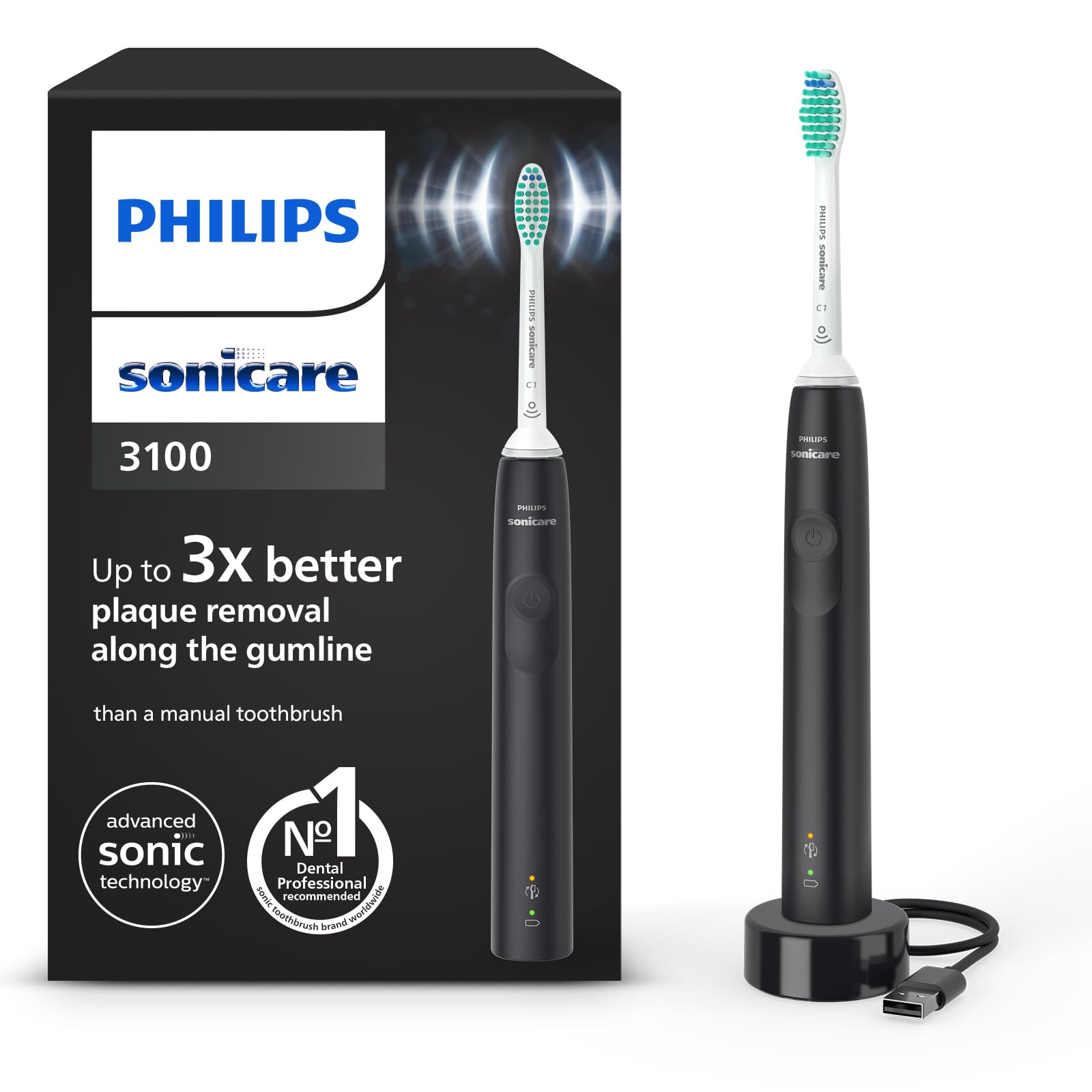 Philips Sonicare 3100 Series Electric Toothbrush, Sonic Toothbrush, Pressure Sensor and Timer, Black, HX3671/14