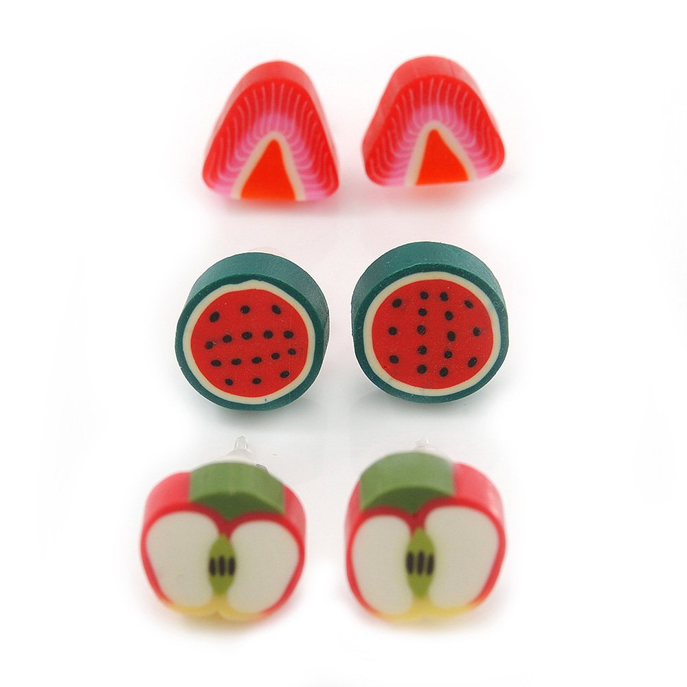 Children's/Teen's/Kid's Fimo Red Strawberry, Green/Red Watermelon & Red/Green Apple Fruit Stud Earrings Set - 10mm Across