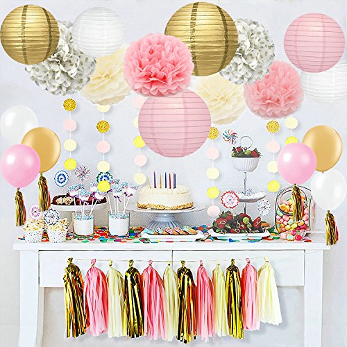 40 pc, Ivory, Pink and Gold Party Decorations. Tissue Pom Pom, Polka Dot and Paper Tassel Garland, Lanterns and Balloons. Pink and Gold Party Supplies for 1st Birthday, Girl Baby Shower Decorations