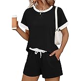 LOMON Women's 2 Piece Short Sets Summer Crew Neck Short Sleeve Matching Sets Outfits with Pockets