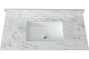 Montary 43"x 22" Bathroom Vanity Top with Undermounted Large Ceramic Sink & Backsplash, Sintered Stone Artificial Marble Vanity Sink Tops with 3 Pre-Drilled Hole, Carrara White