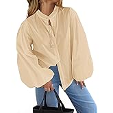 Tankaneo Womens Lantern Sleeve Button Down Shirts Oversized Mock Neck Blouse Trendy Casual Loose Fit Cotton Tops