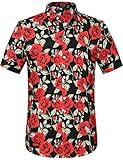 SSLR Men's Summer Rose Prints Button Down Short Sleeve Shirt (Medium, Black)