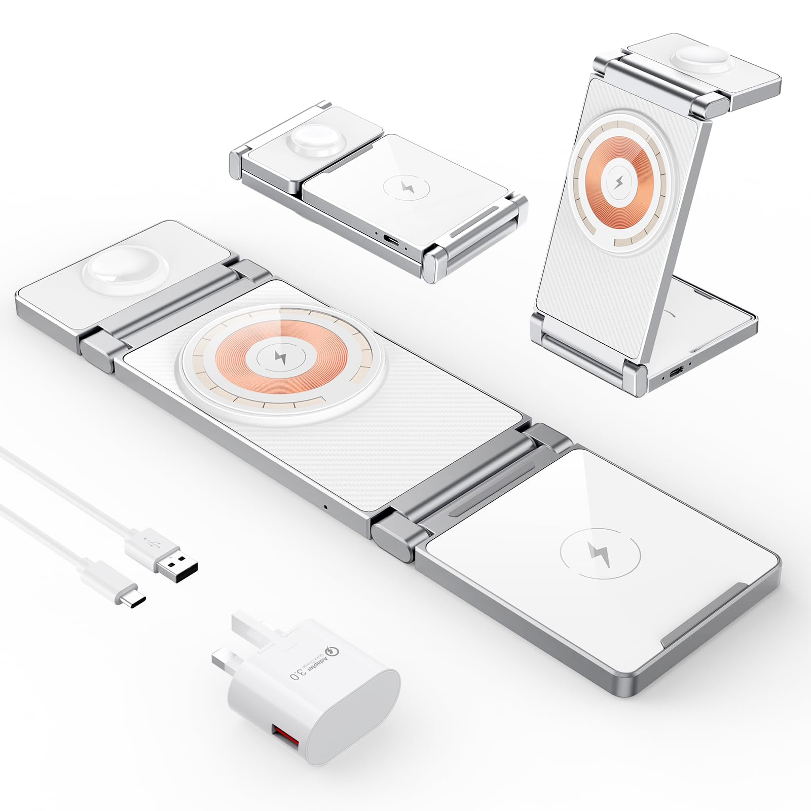 Magnetic Charging Station,Hohosb 3 in 1 Foldable Zinc Alloy Wireless Charger Stand[Compatible with Magsafe Charger] for iPhone 15/14/13/12 Series, AirPods Pro/3/2,Apple Watch/iWatch-White