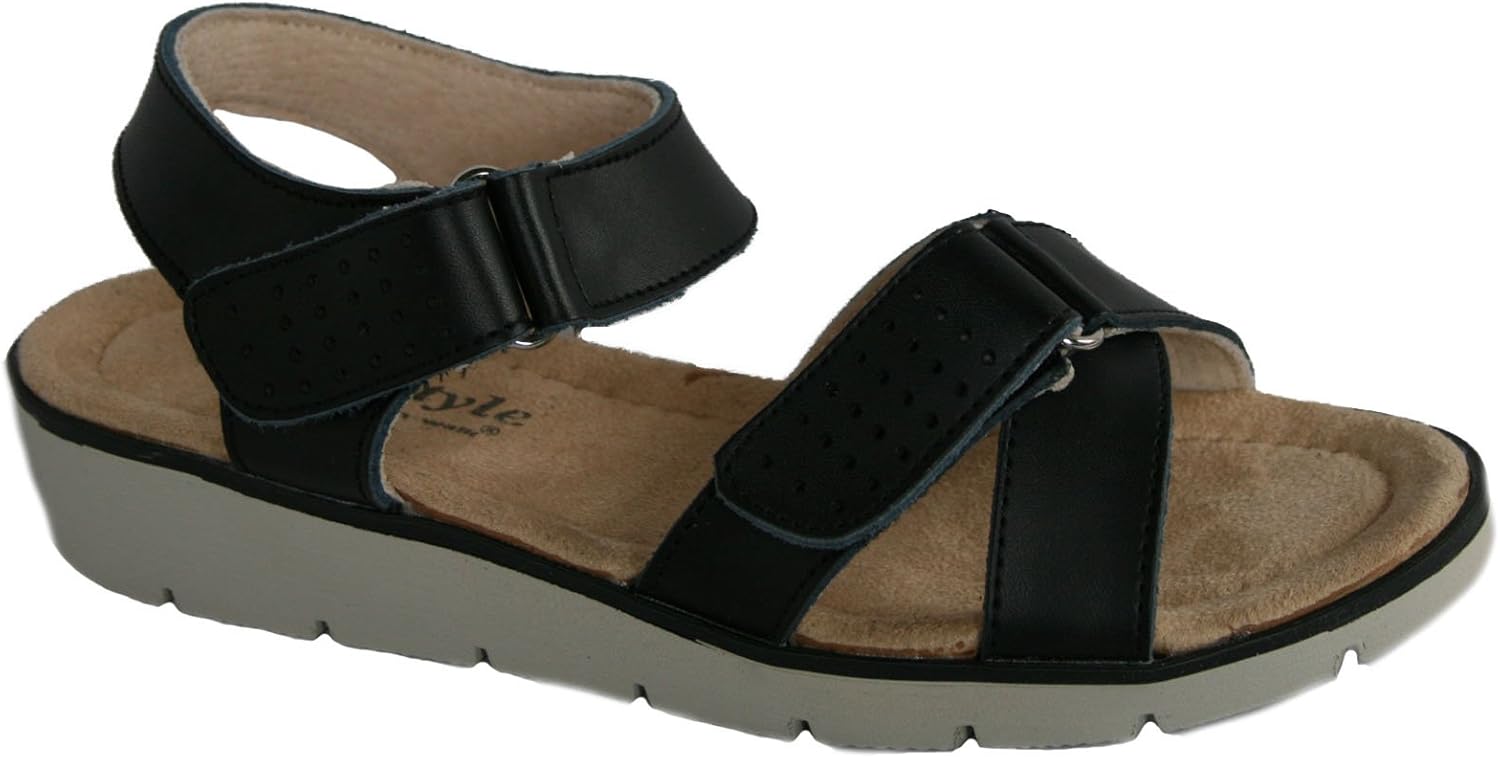 Cushion Walk Leather Womens Sandals Open Toe Cross Over Touch Fasten UK