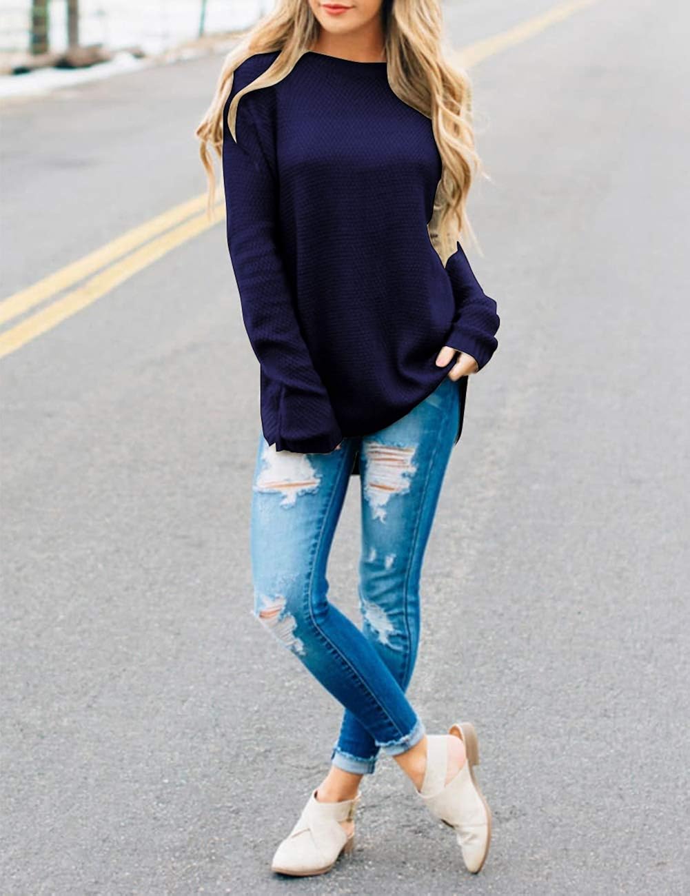 MEROKEETY Women's Long Sleeve Oversized Crew Neck Solid Color Knit Pullover Sweater Tops at  Women’s Clothing store
