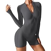 JBT Women Workout Jumpsuit One Piece Zip Up Rompers Long Sleeve Tummy Control Yoga Gym Bodysuit Bodycon