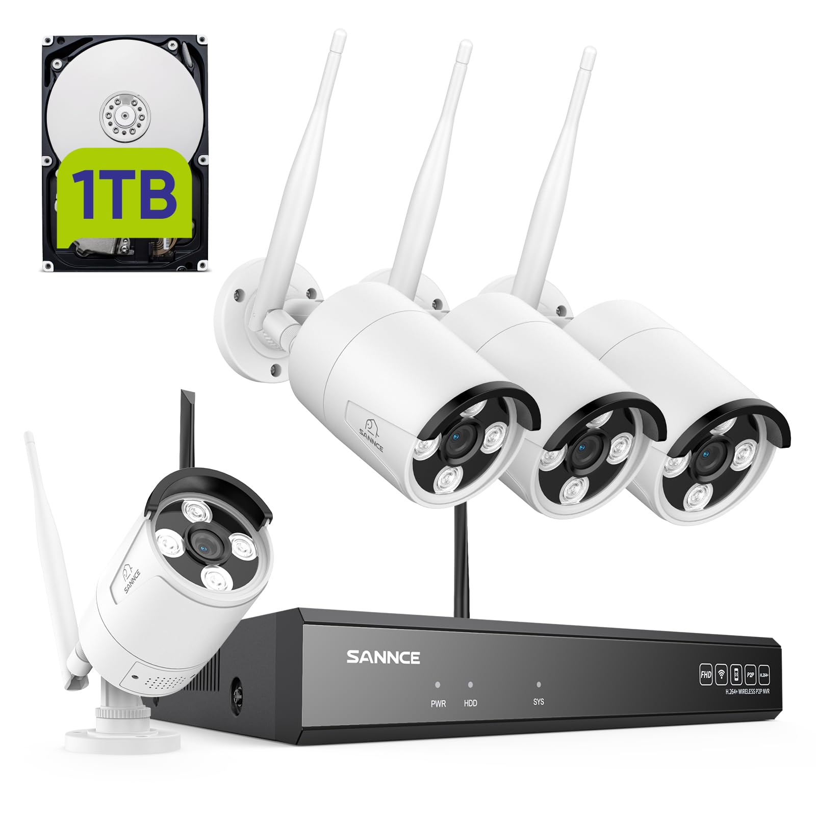 SANNCE Wireless CCTV Camera System, 8CH 5MP NVR, 4X 3.0MP Outdoor Security IP Cameras with P2P, One-Way Audio, Dual WiFi System, Human AI Motion Detection, 1TB Hard Disk, Work with Alexa