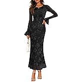 ZESICA Women's 2026 Bell Long Sleeve Floral Maxi Dress Spring Fashion Bodycon Mesh Wedding Guest Cocktail Party Dresses