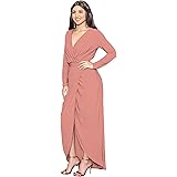 KOH KOH Womens Long Sleeve Formal Wrap Draped Cocktail V-Neck Gown Maxi Dress