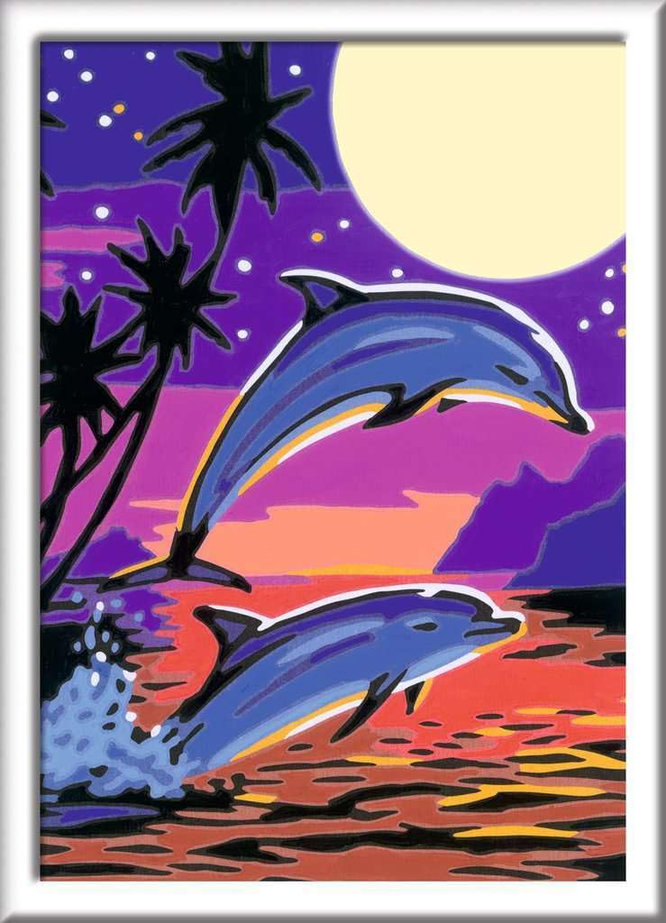 Ravensburger CreArt 27845 - Dolphins - Painting by Numbers for Children from 7 Years, Painting Set with Frame, Brush and Acrylic Paints, Gift for Girls and Boys, Glow in the Dark