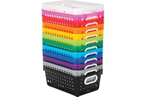 Really Good Stuff Medium Plastic Book Baskets, 11" by 7.5" by 4.5" - 12 Pack, Rainbow, Versatile Storage Solution for Classroom, Home and Office l Toy Storage, Multi-Purpose Organizer Basket