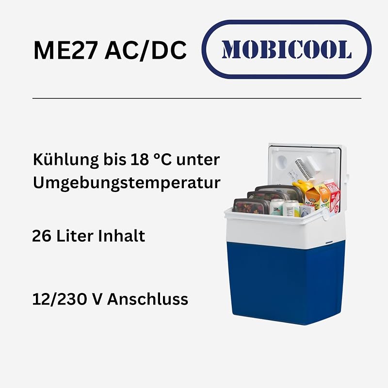 ME27 elektrische Kühlbox, 12V und 230V, 26L, blau - Mini-Kühlschrank für Auto, Camping, Urlaub, Boot, Festivals - leicht, tragbar, mit praktischem Kabelfach und Eco/Max Modus