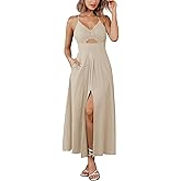 BTFBM Women 2026 Spaghetti Strap Midi Summer Dresses Sleeveless V Neck Cutout Slit Casual Beach Party Maxi Dress Pockets