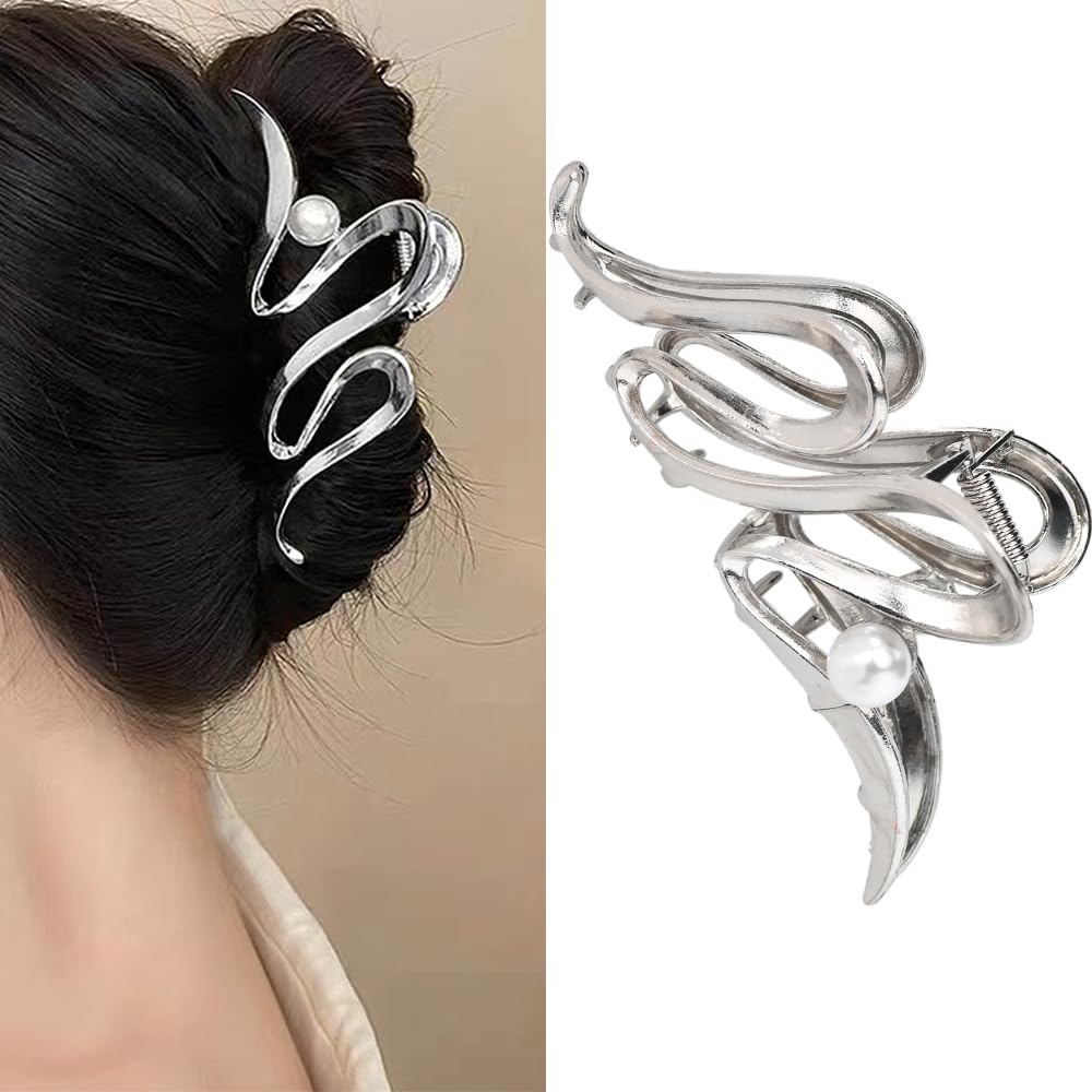 Hair Claw Clips for Women Girls Metal Barrette Hair Clips for Thick Fine Hair Pearl Barrette Hair Clips Silver for Women Girls Large Hair Claw Clips for Teenage Girls Hair Accessories for Women