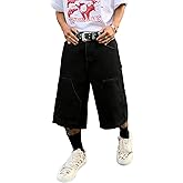 DISLANBO Mens Baggy Jeans Shorts Loose Fit Multiple Pockets Wide-Leg Denim Shorts Below Knee Hip Hop Streetwear