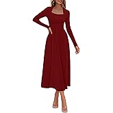 Lazysmile Long Sleeve Fall Dresses for Women Square Neck A Line Flowy Casual Elegant Wedding Guest Party Maxi Dress