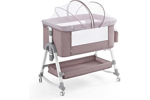 SOOBABY 3 in 1 Baby Bassinet, Rocking Bassinets Bedside Sleeper with Comfy Mattress and Wheels, Height Adjustable Easy Folding Portable Bedside Crib for Newborn Infant,Deep Khaki