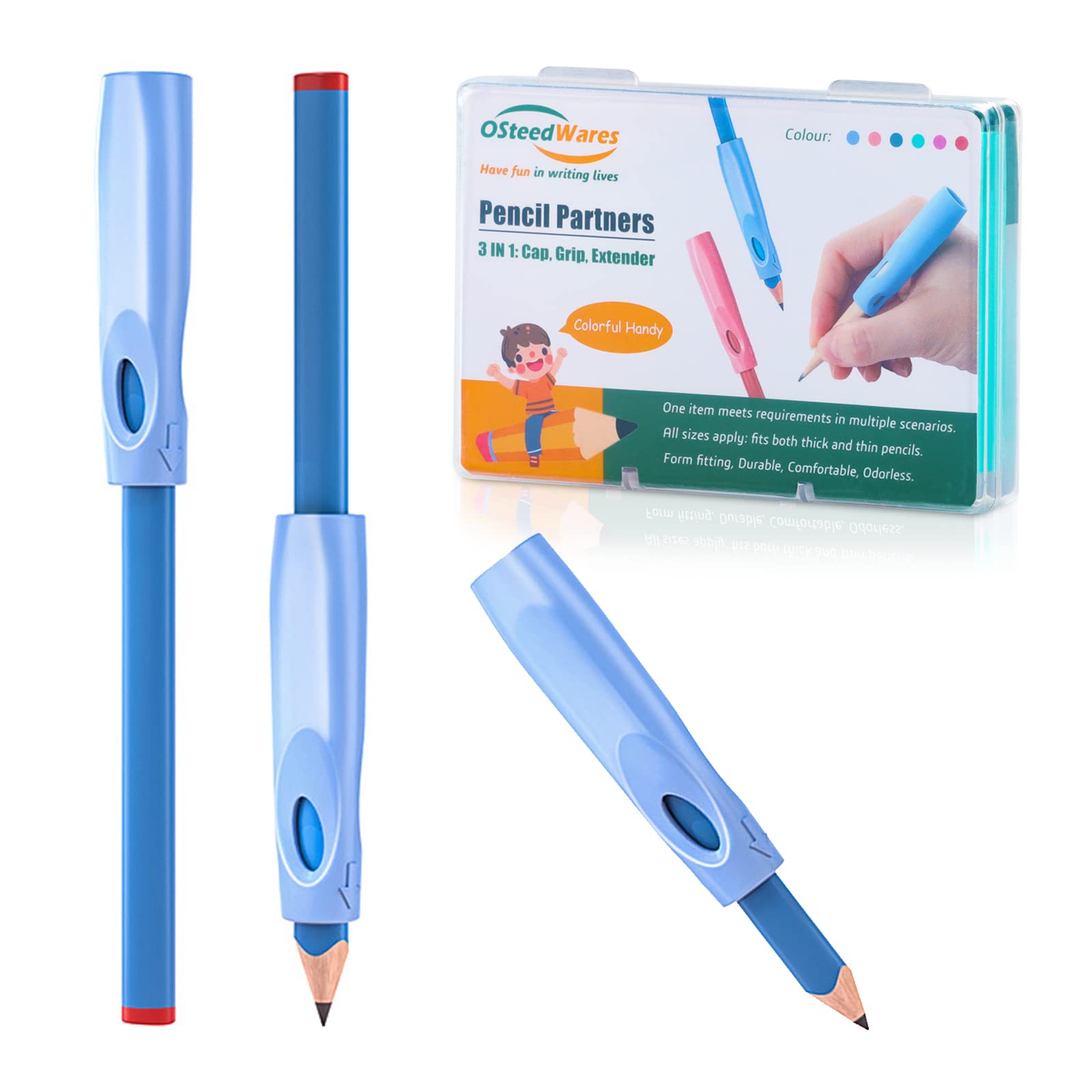OSteed Ergonomic Pencil Grip, Extender & Cap 3 in 1, Silicone Pencil Partners, 1 Pack of 6 Pcs for Kids and Adults Handwriting