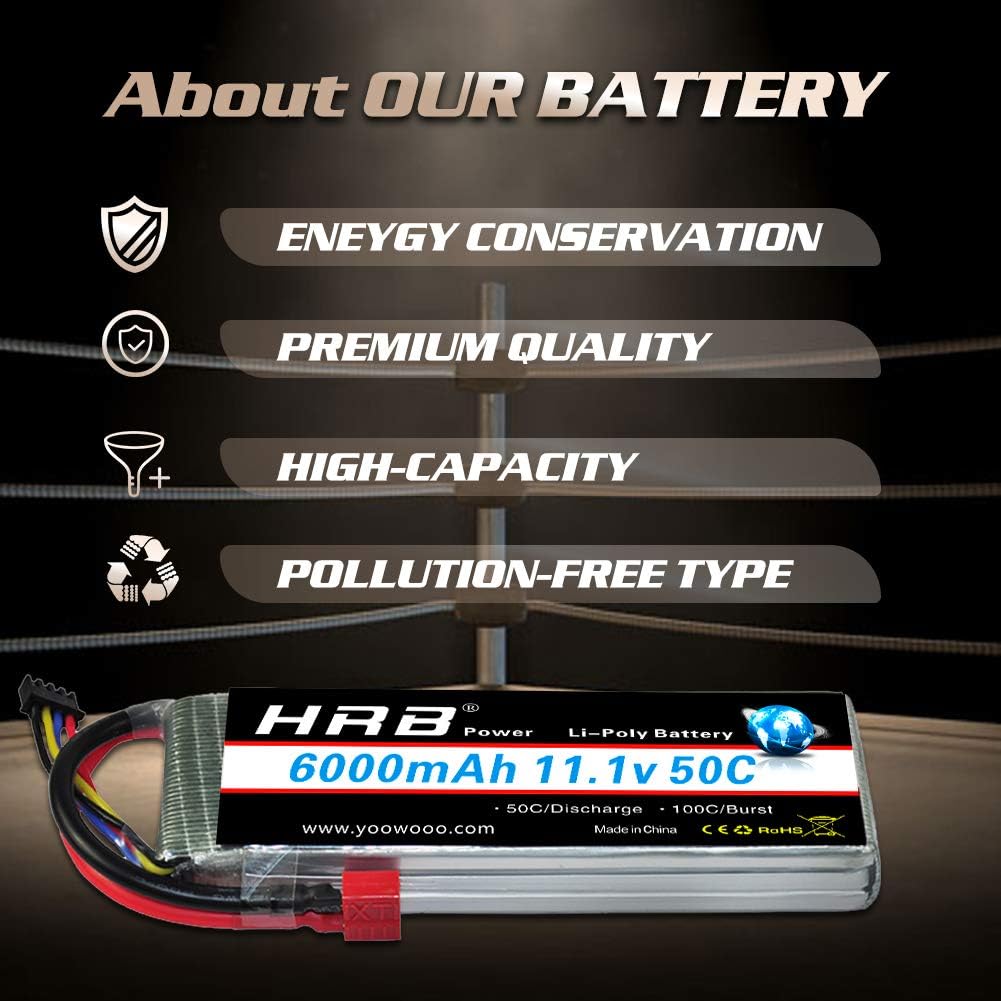HRB 6000mAh 11.1V 50C 3S Lipo battery Pack Replacement with T Plug for RC Racing Airplane Helicopter Car Truck Boat Traxxas Slash DJI Phantom Flame Kyosho Racing Truck (Deans T Plug) - Image 4