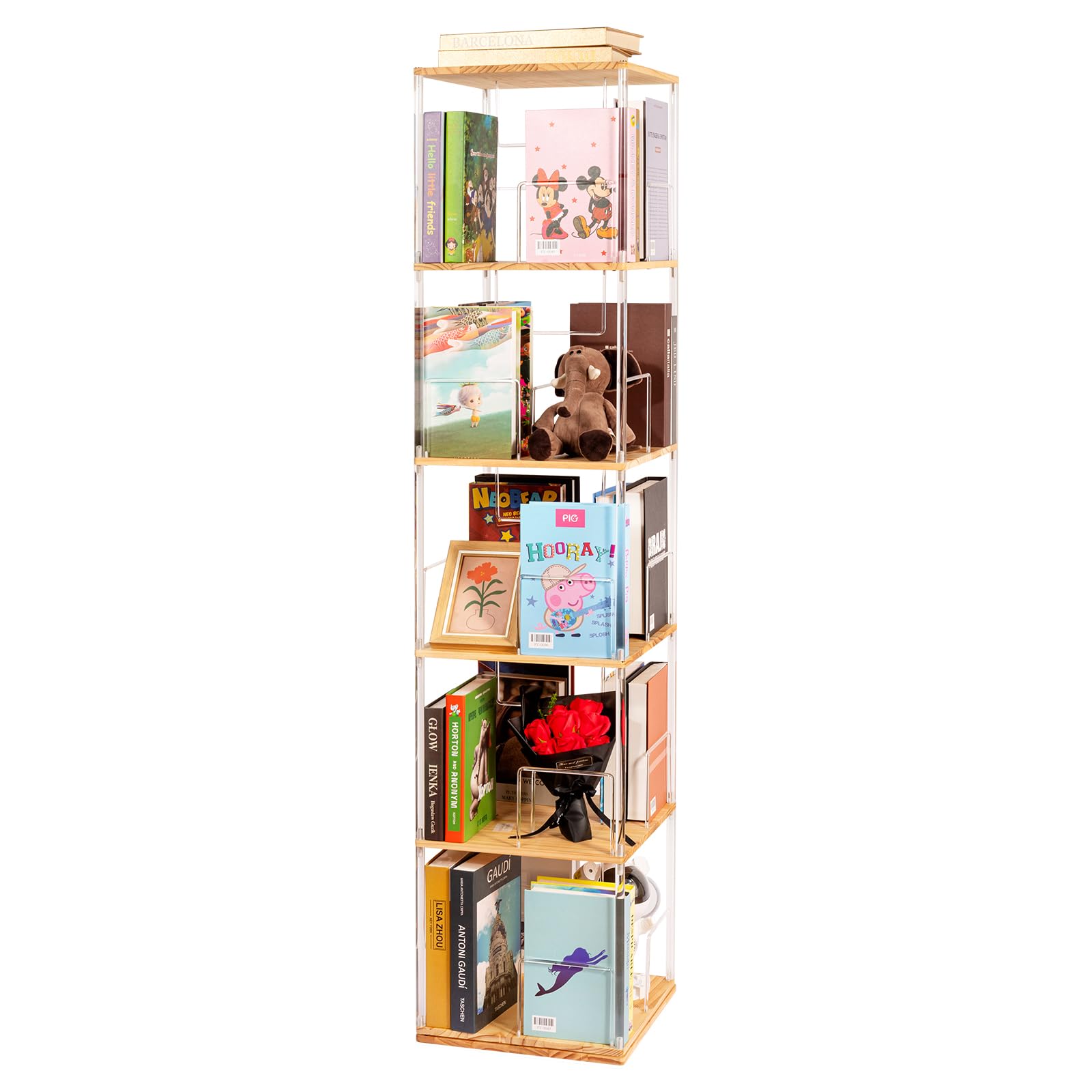 Photo 1 of TAKEKIT 360° Rotating Bookshelf, 5-Tier Spinning Book Shelf Tower with Solid Wood & Clear Acrylic, Square Revolving Bookcase for Living Room, Bedroom and Office