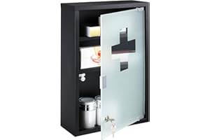 Timgle First Aid Wall Cabinet with Lock Medicine Wall Mounted Bathroom Storage Hanging Medical Cabinet with Safety Glass Door for Bathroom(3 Shelves,Black)