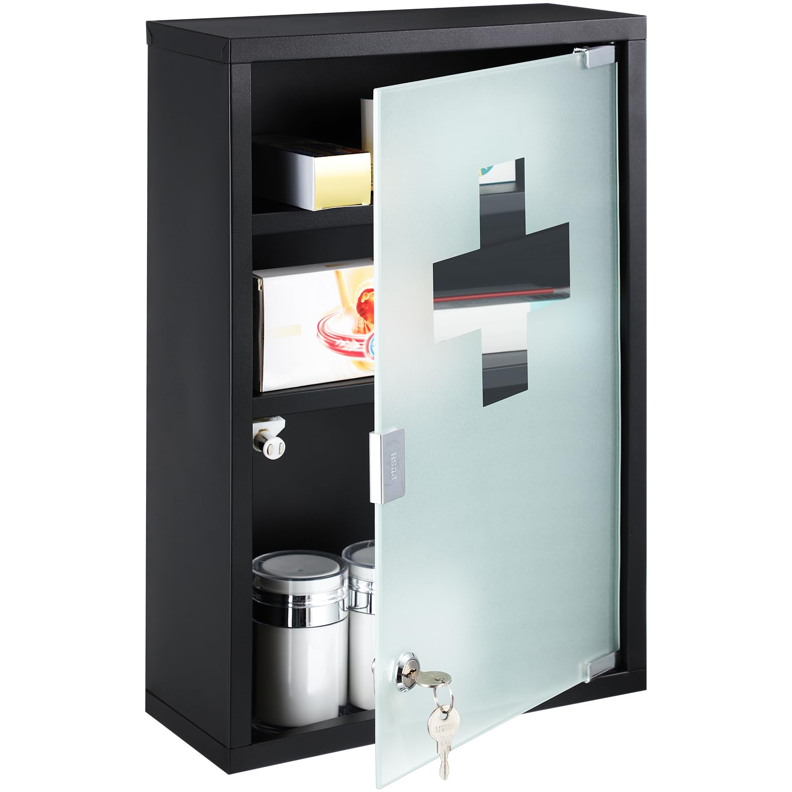 Photo 1 of Timgle First Aid Wall Cabinet with Lock Medicine Wall Mounted Bathroom Storage Hanging Medical Cabinet with Safety Glass Door for Bathroom(3 Shelves,Black)