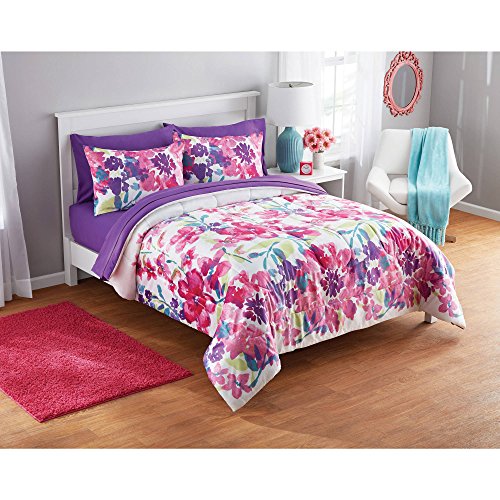 N2 3 Piece Dark Pink Purple Watercolor Floral Comforter Set Full