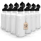 4E's Novelty Sports Water Bottles Bulk (12 Pack) 18 oz Squeeze Reusable Plastic White School Bike Water Bottle for Kids, BPA Free, Party Favor Giveaways, ee, School Kids Bottles