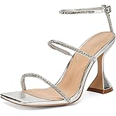 FRJR Women's Rhinestone Sandals Lace Up Slingback Square Open Toe Heels Sparkling Sandals with Stiletto Buckle Strap for Dress Party Prom Wedding High Heeled Shoes