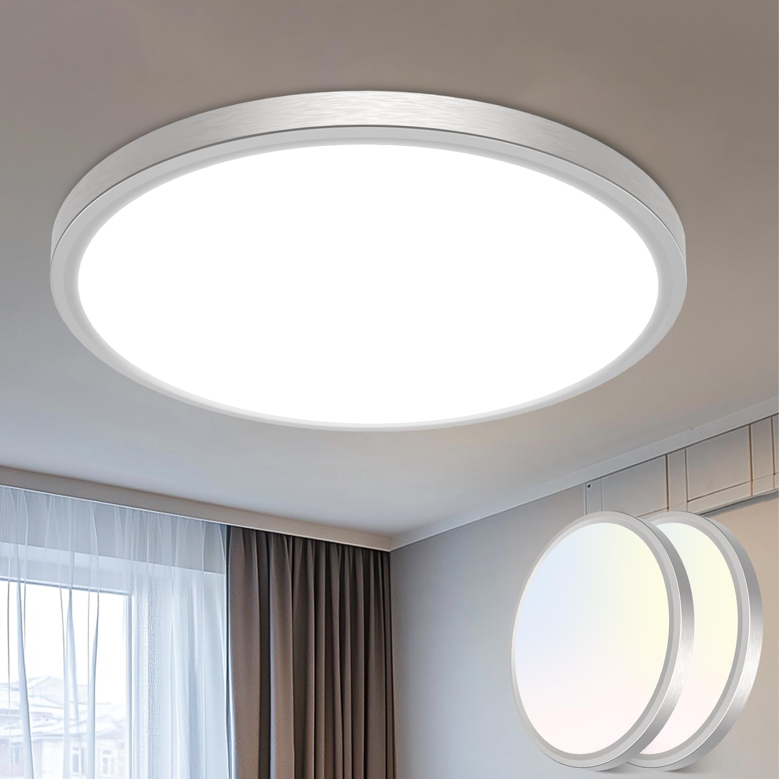 libtit 16 inch Flush Mount LED Ceiling Light Fixture, 3000K 4000K 6500K Adjustable, 36W 3600lm Brushed Nickel Satin Round Ceiling Lamp for Bathroom Shower Hallway Kitchen, 2 Pack Image libtit 16 inch Flush Mount LED Ceiling Light Fixture, 3000K 4000K 6500K Adjustable, 36W 3600lm Brushed Nickel Satin Round Ceiling Lamp for Bathroom Shower Hallway Kitchen, 2 Pack Image