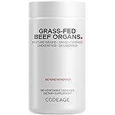Codeage Grass Fed Beef Organs Supplement – Glandulars Supplements - Freeze Dried, Non-Defatted, Desiccated Liver, Heart, Kidney, Pancreas & Spleen Bovine Pills – Beef Vitamins - Non-GMO -180 Capsules