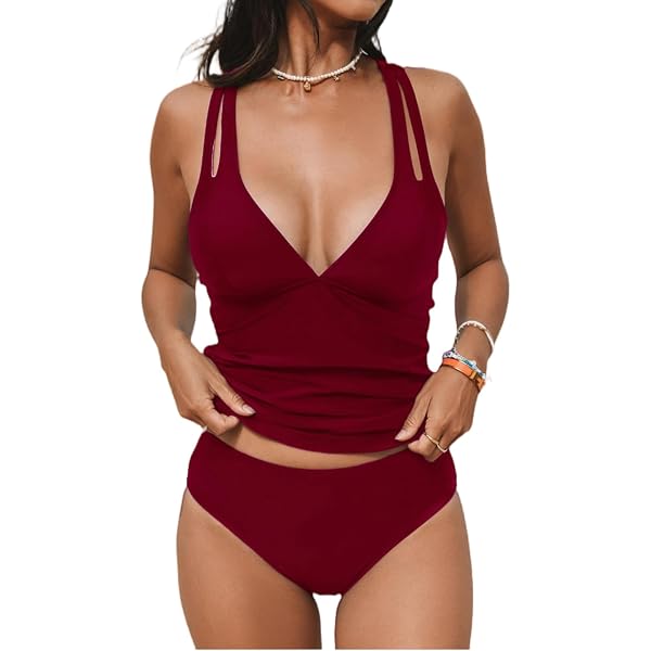 CUPSHE Ensemble Tankini Deux Pièces Femme - Col V Froncé Croisé Dos, Bretelles Réglables, Dentelle