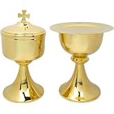 Needzo High Polished Brass Chalice and Ciborium Set, Traditional Catholic Church Supplies, 7 x 4.5&rdquo; with 6.25 Inch Diameter Paten