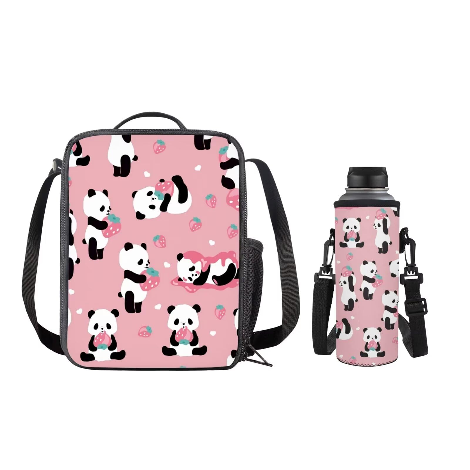 SEANATIVE Panda Strawberry Kids Daycare Preschool Lunch Tote Crossbody Bag with Water Bottle Pouch Holder, Portable Travel School Supplies