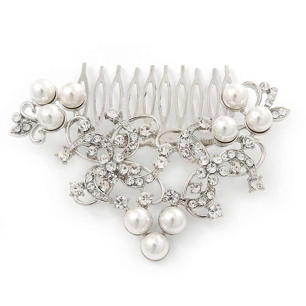 Bridal/Wedding/Prom/Party Rhodium Plated Clear Crystal, White Simulated Glass Pearl Asymmetrical Hair Comb - 95mm