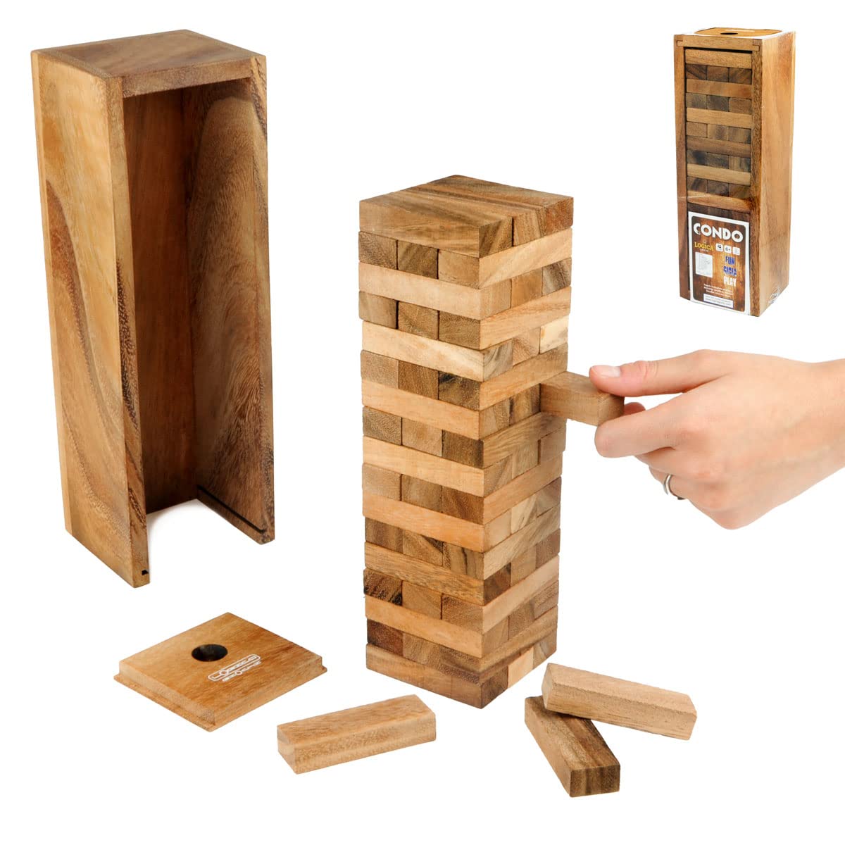 Logica Puzzles Art. Condo - Wooden Tumbling Stacking Tower - Teak Wood with Wood box (Large)