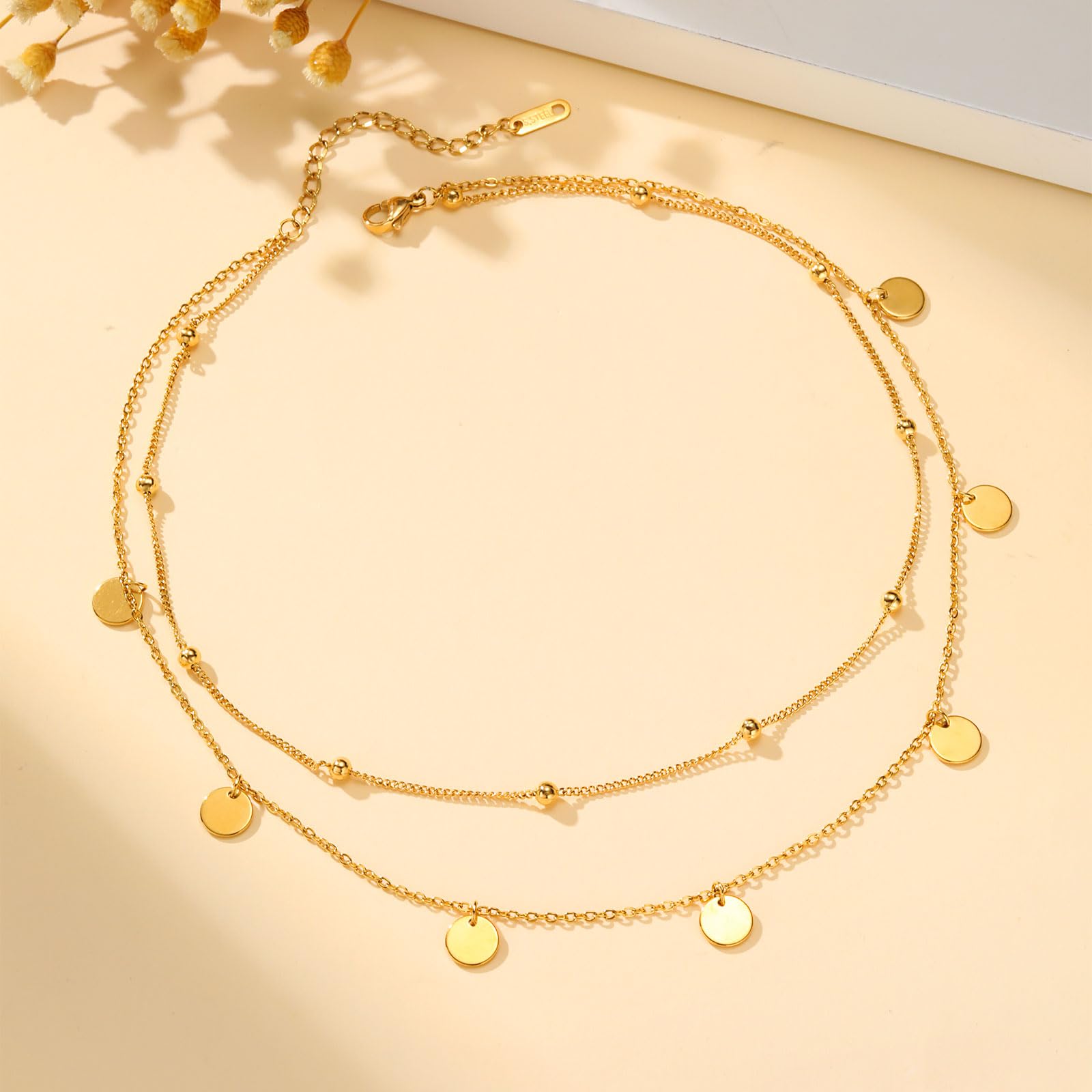 TempBeau Halskette Damen mit Kleinen Runden Plättchen, 18K Vergoldet Halsketten für Frauen aus Edelstahl, Layering Kette Damen 40+5 CM für Geburtstag Muttertag Jahrestag Geschenk (Runde Marke) 5