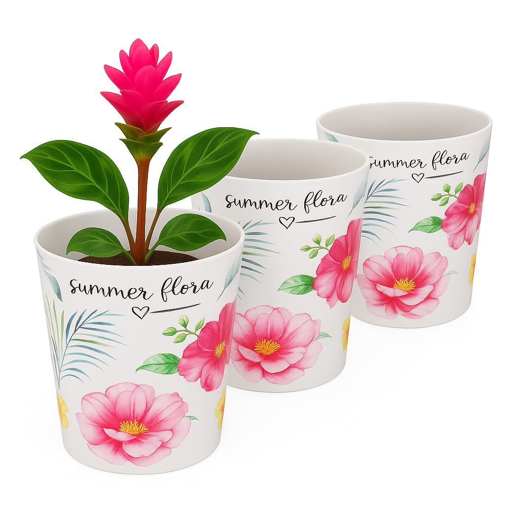 Home Garden Ornaments Indoor Plant Pot – Decorative Flower Pots with Inner Cone, Floral & Tropical Design Orchid Planters for Home Décor (15 cm / 5.9 inch – Summer Flowers)