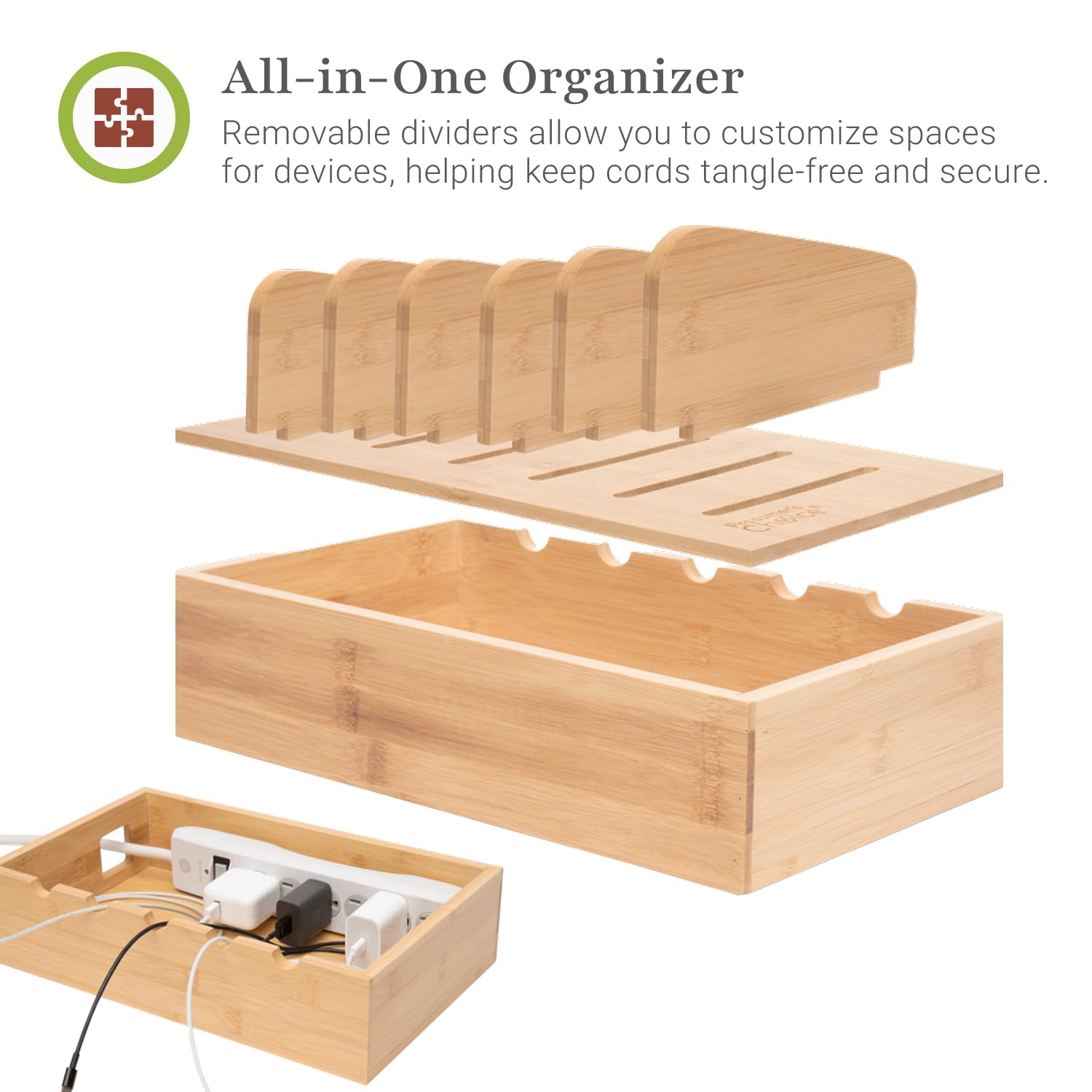 Prosumer's Choice Wooden Charging Station Organizer - 5-Port Base for Phones, Tablets and Laptops - Multi-Device Docking Station with Removable Divider Slots - Cord Box with Cable Management - Bamboo
